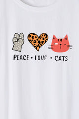 Női nyomott mintás rövidujjú pamut póló-Peace,love,cats