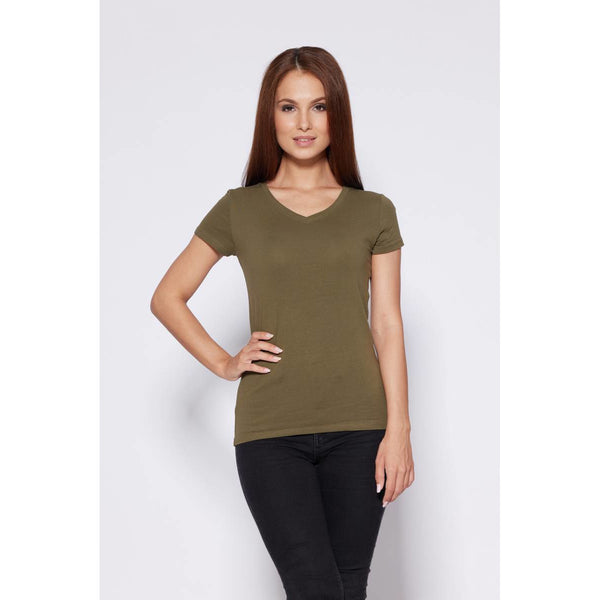 Női basic V-nyakú póló - Khaki - GloStory HU