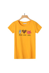Női nyomott mintás rövidujjú pamut póló-Peace,love,cats